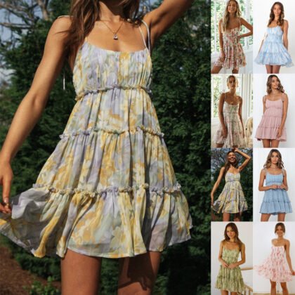 2024 Amazon cross-border new summer European and American holiday style sexy printed sling dress independent station